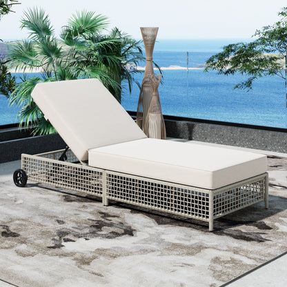 Outdoor Lounge Chair, 5-Position Adjustable Rattan Chaise with Cushion and