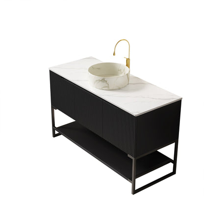 48' Bathroom Vanity with Sink, Freestanding Cabinet 3 Doors Open Shelf Sintered Stone