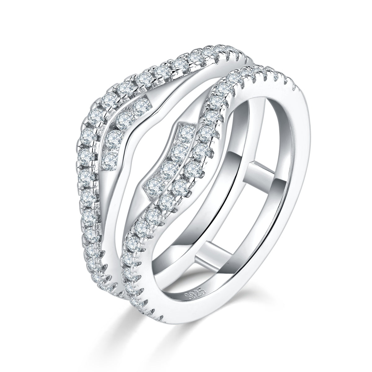 S925 Sterling Silver Double Band Ring, 54 D-VVS1 Moissanite Pave, Platinum Plated 4.7g US Sizes 5-9, GRA Certified Gift Box