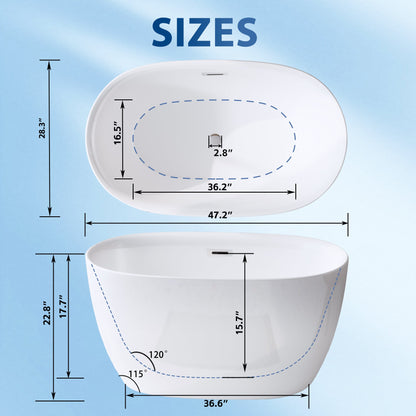 47in Gloss White Acrylic Freestanding Oval Bathtub, Chrome Overflow and Drain