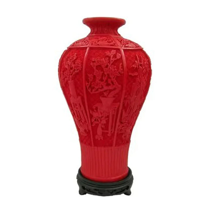 12" Chinese Red Lacquerware Auspicious Motif Vase