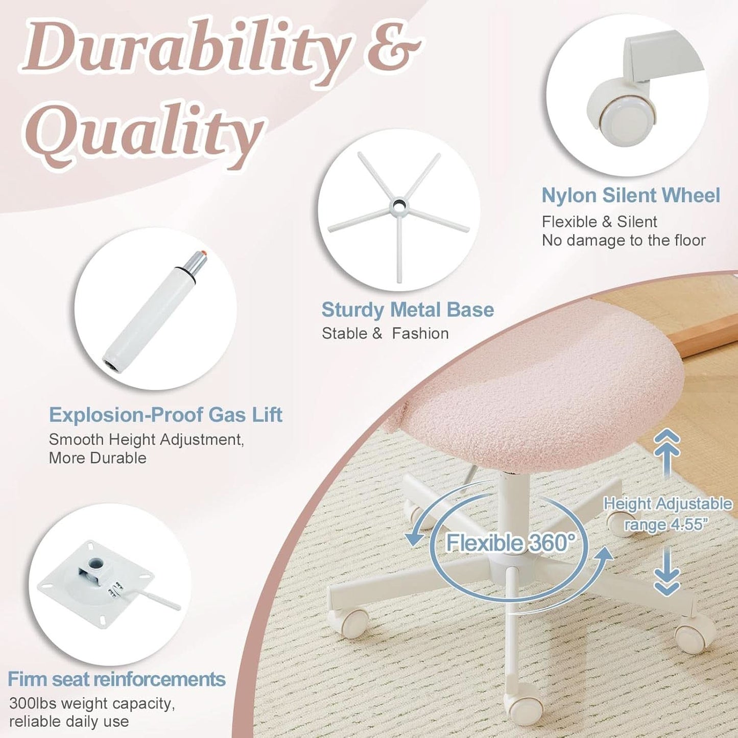 Pink Teddy Desk Chair With Lumbar Support And Wheels