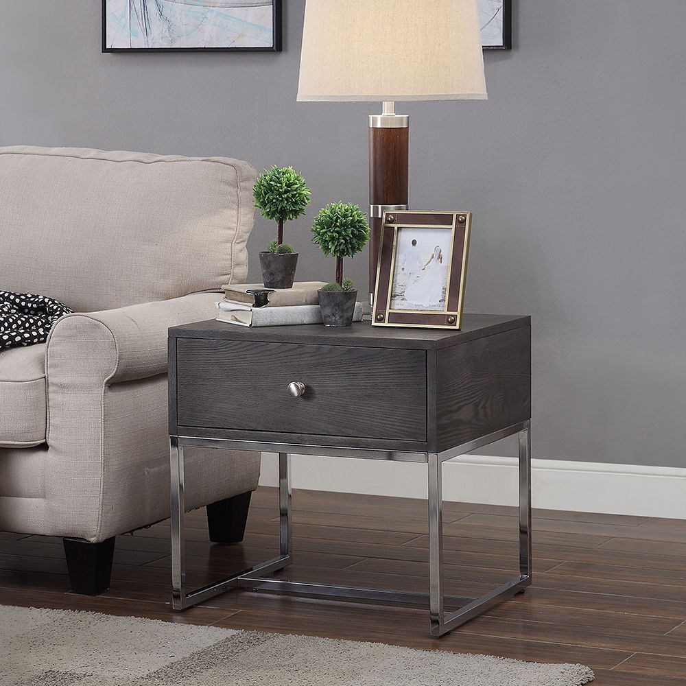 Iban - End Table - Gray Oak & Chrome