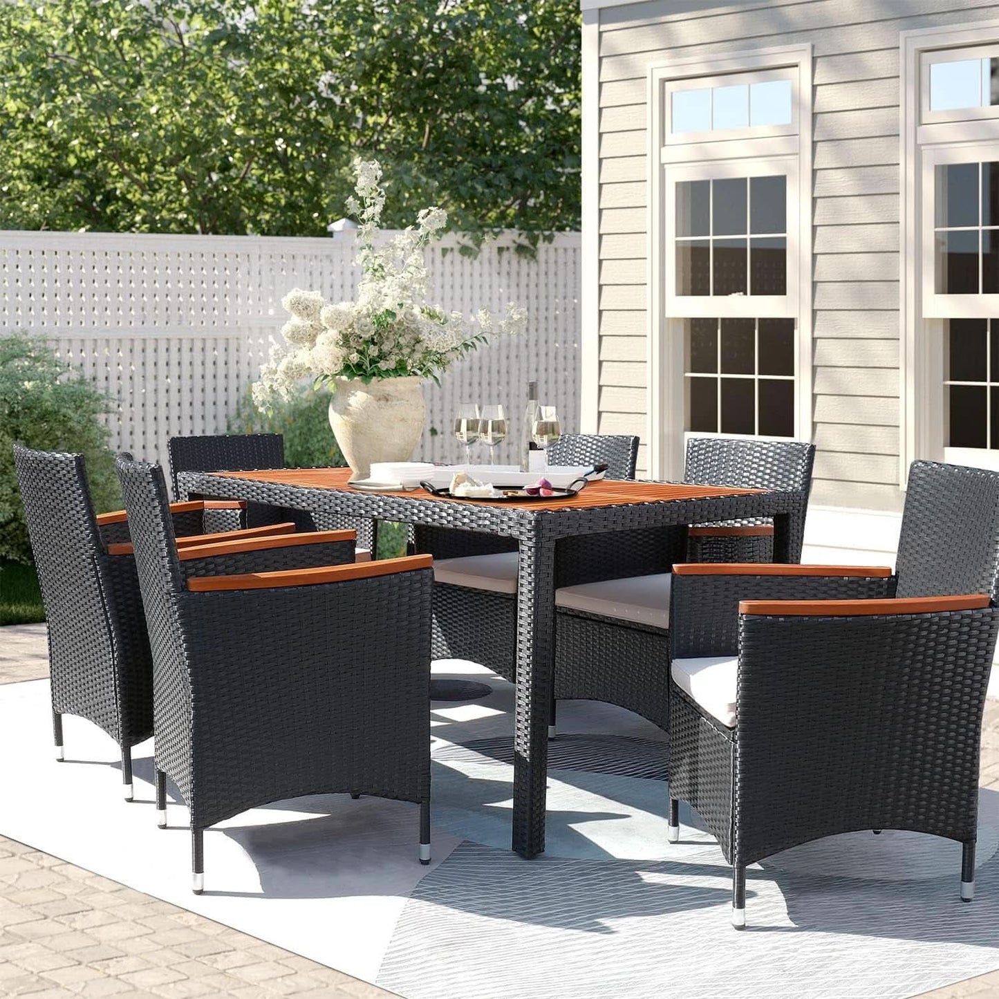 7 Piece Patio Dining Set Acacia Wood Table Wicker Chairs