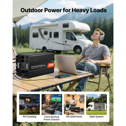 4000W Pure Sine Wave Power Inverter, 12V to 120V, LCD, USB, for RV Truck