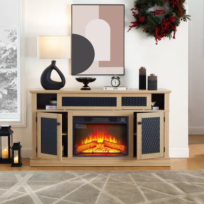 TV Stand Fireplace Light Oak MDF Embossed Doors 1400W Fits 65 In TV 58.27 In