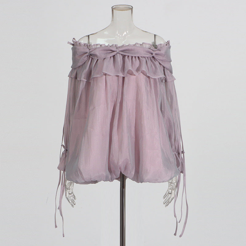 Retro Off-the-Shoulder Strap Bell-Sleeve Solid Color Chiffon Top
