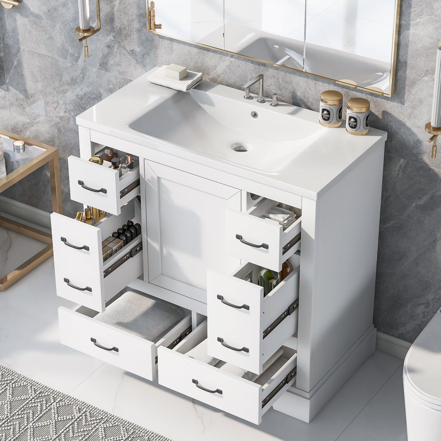 36' Bathroom Vanity with Sink Combo, Six Drawers, Multi-Functional Drawer Div...