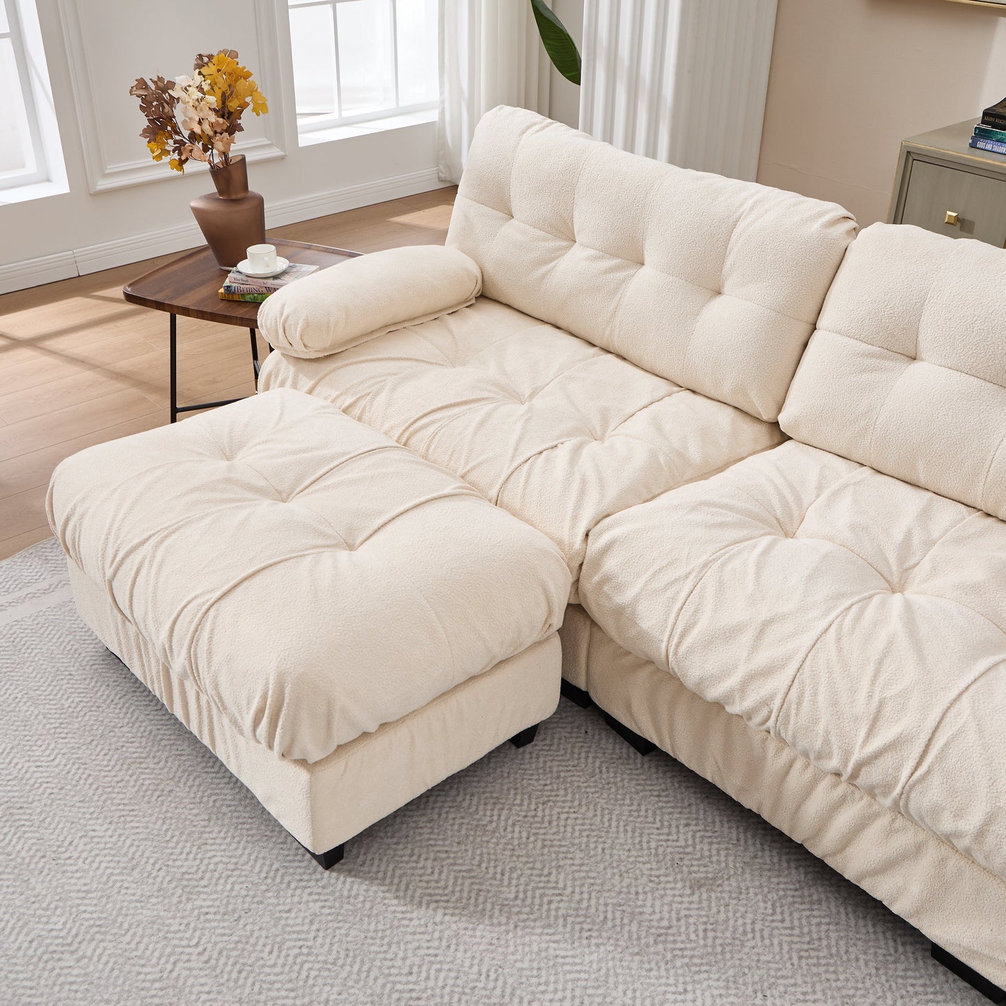 Sectional Sofa L-Shape Flannelette Beige 4 Seat Ottoman 123 In Deep Seat