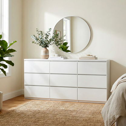 Dresser Modern 9-Drawer White Particle Board Handleless 63x15.74x29.5 In