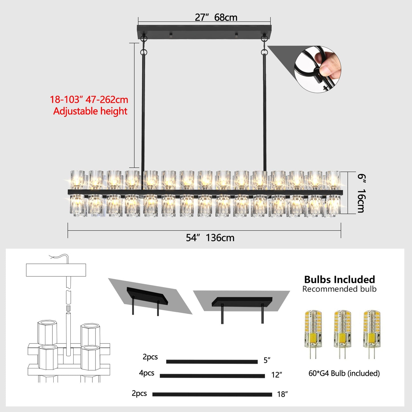 Chandelier Crystal Rectangle Black Frame K9 Crystals Luxurious 54 In