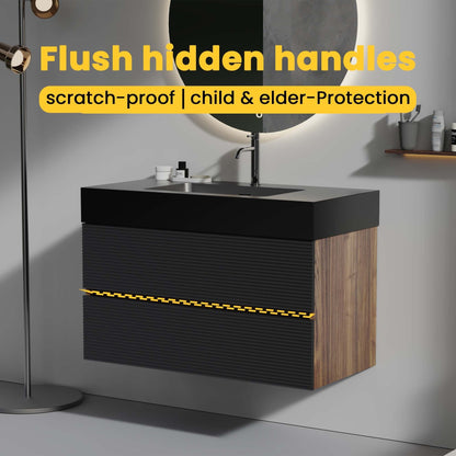 36' Walnut Bathroom Vanity with Matt Black Engineered Quartz Sink Soft Black Drawers