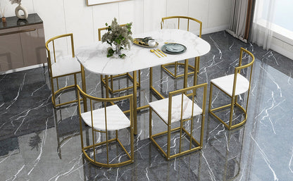 Modern 7-Piece Dining Table Set with Faux Marble Compact 55 In Kitchen Table Set for 6