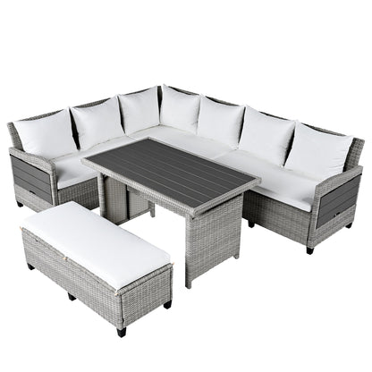 Outdoor Sectional Set PE Rattan Steel White 5 Piece Seats 7 Extendable