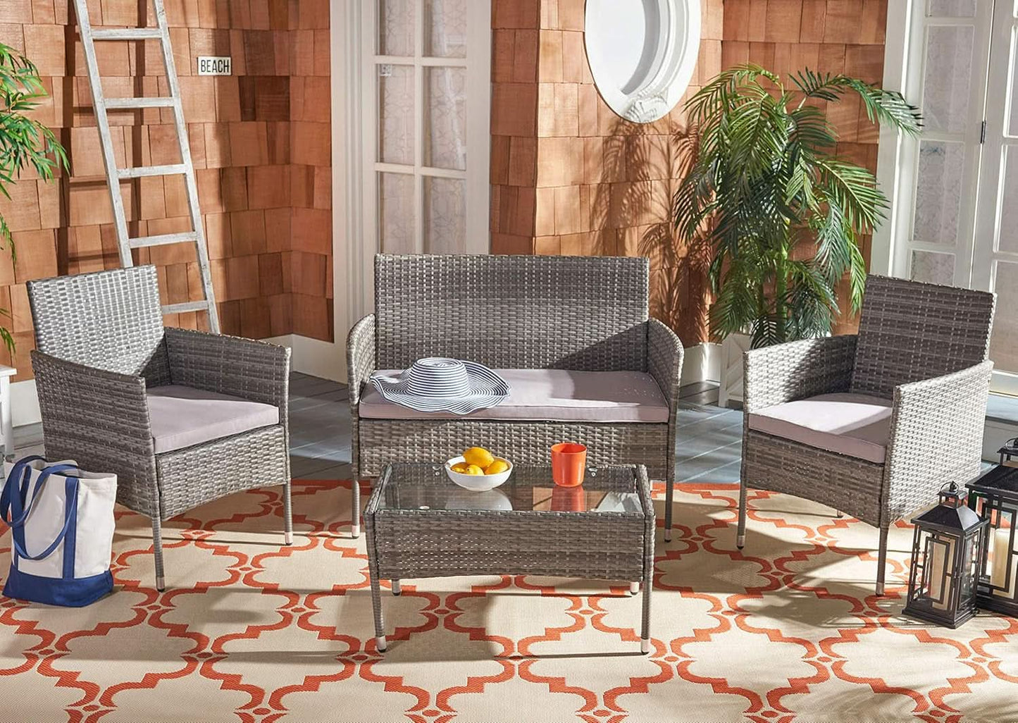 Grey 4 Piece Outdoor Patio Set With Glass Top Table