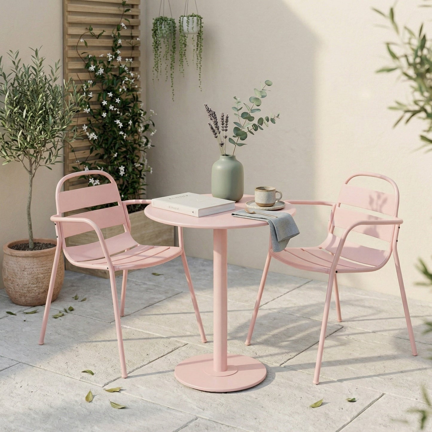 Outdoor Bistro Set 3 Piece Iron Matte Pink Slat Chairs