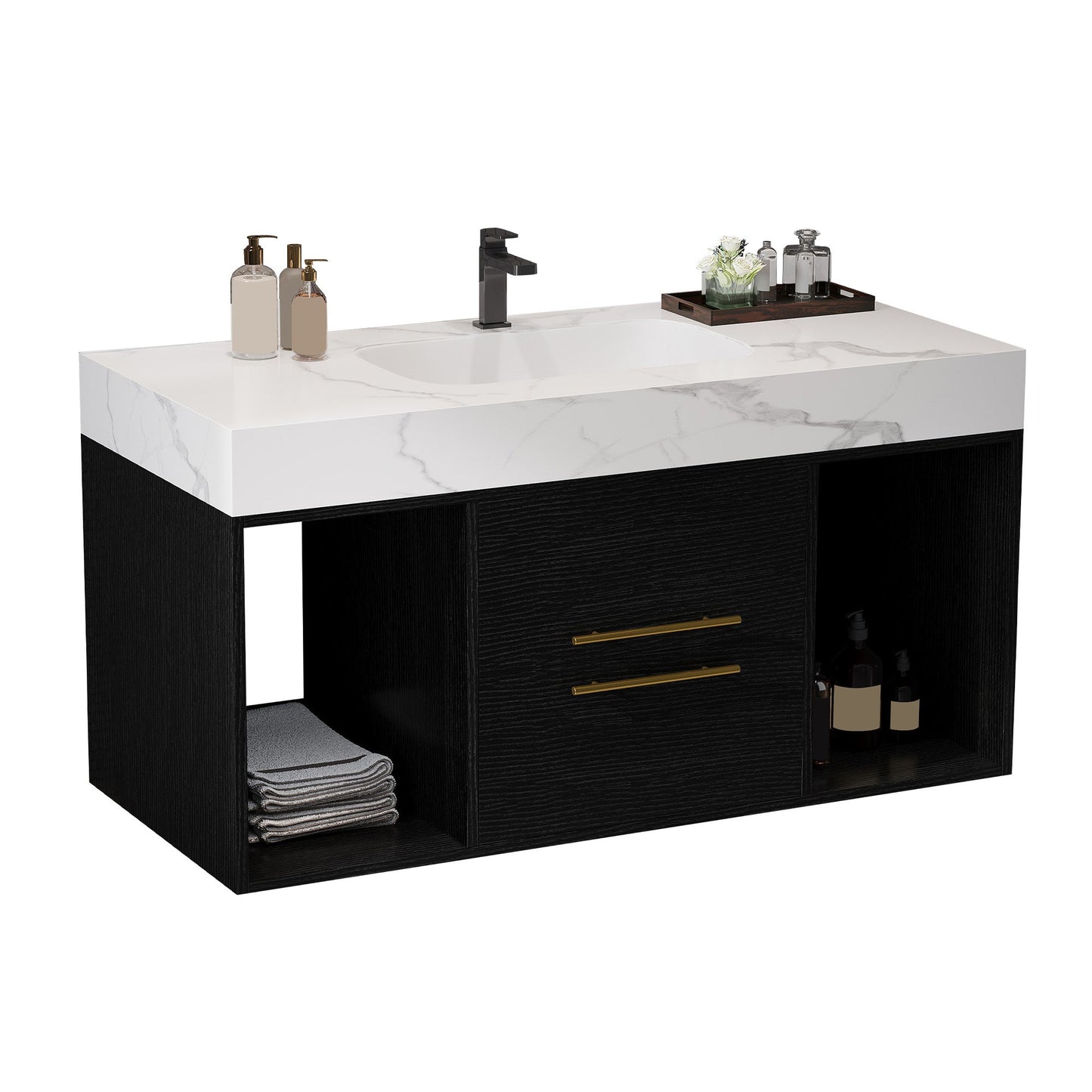 39.4' Floating Bathroom Vanity with Ceramic Sink, 2 Drawers and 2 Open Shelves