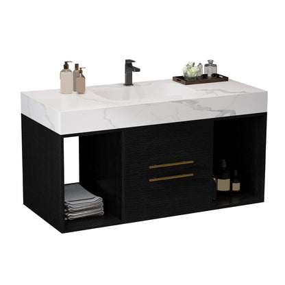 39.4' Floating Bathroom Vanity with Ceramic Sink, 2 Drawers and 2 Open Shelves
