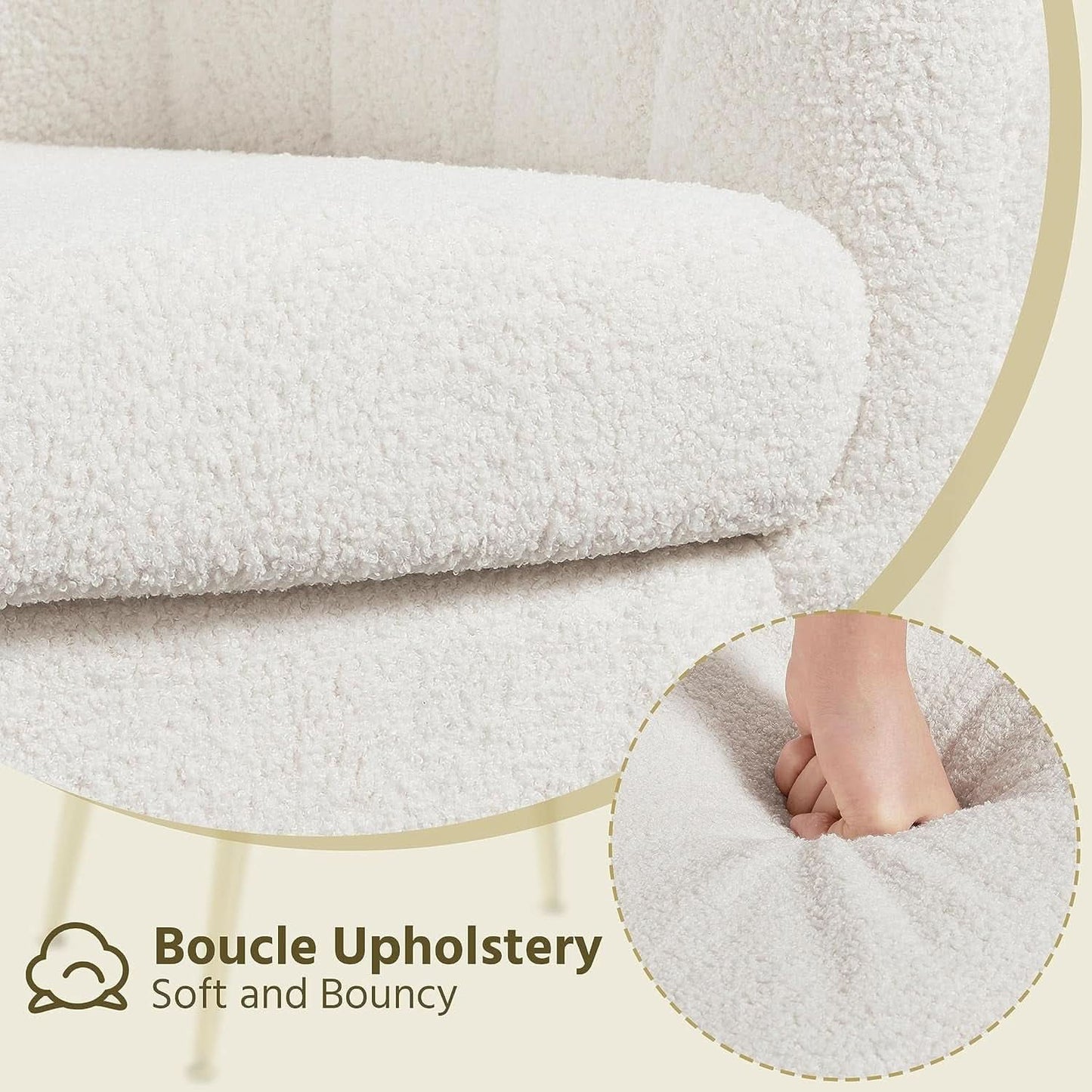 Ivory Boucle Upholstered Accent Chair Removable Cushion