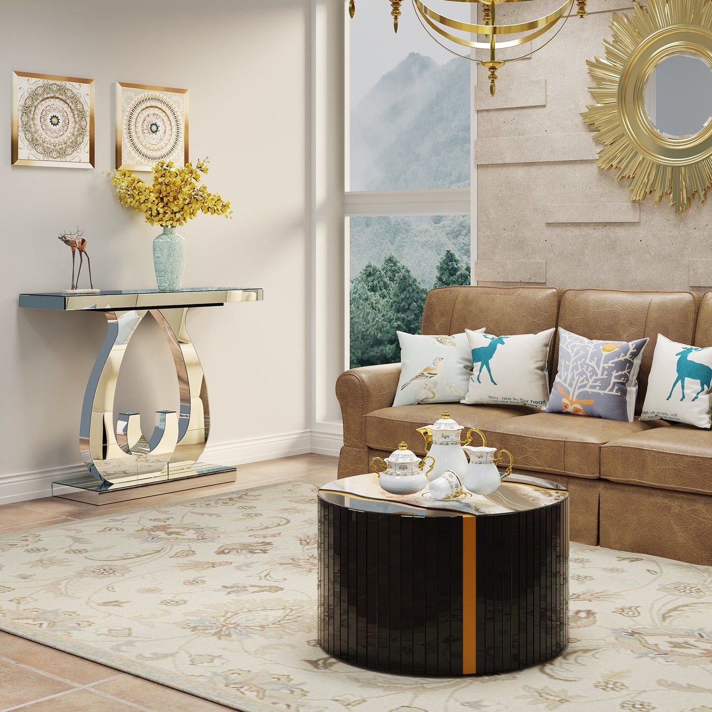 Modern Mirror Side Table, Glass, Double C-Shaped Base, Hall Table, Silver