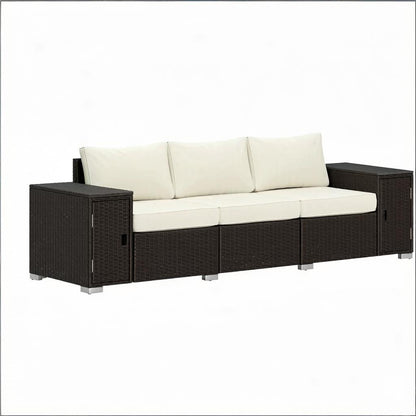 Outdoor Sofa Set Wicker Cream Brown 3 Seat Storage Armrests 794 lb Cap