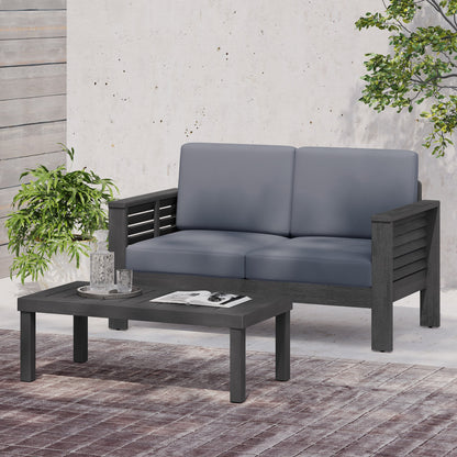 Outdoor Patio Set Acacia Wood Gray 2 Piece Loveseat Coffee Table Cushions