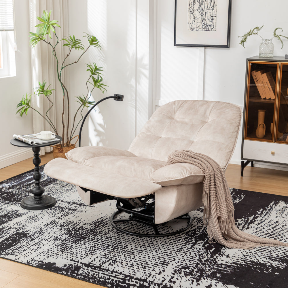 Ivory Gold-Stamped Velvet Recliner – Swivel Glider, 150° Recline & Detachable Phone Holder