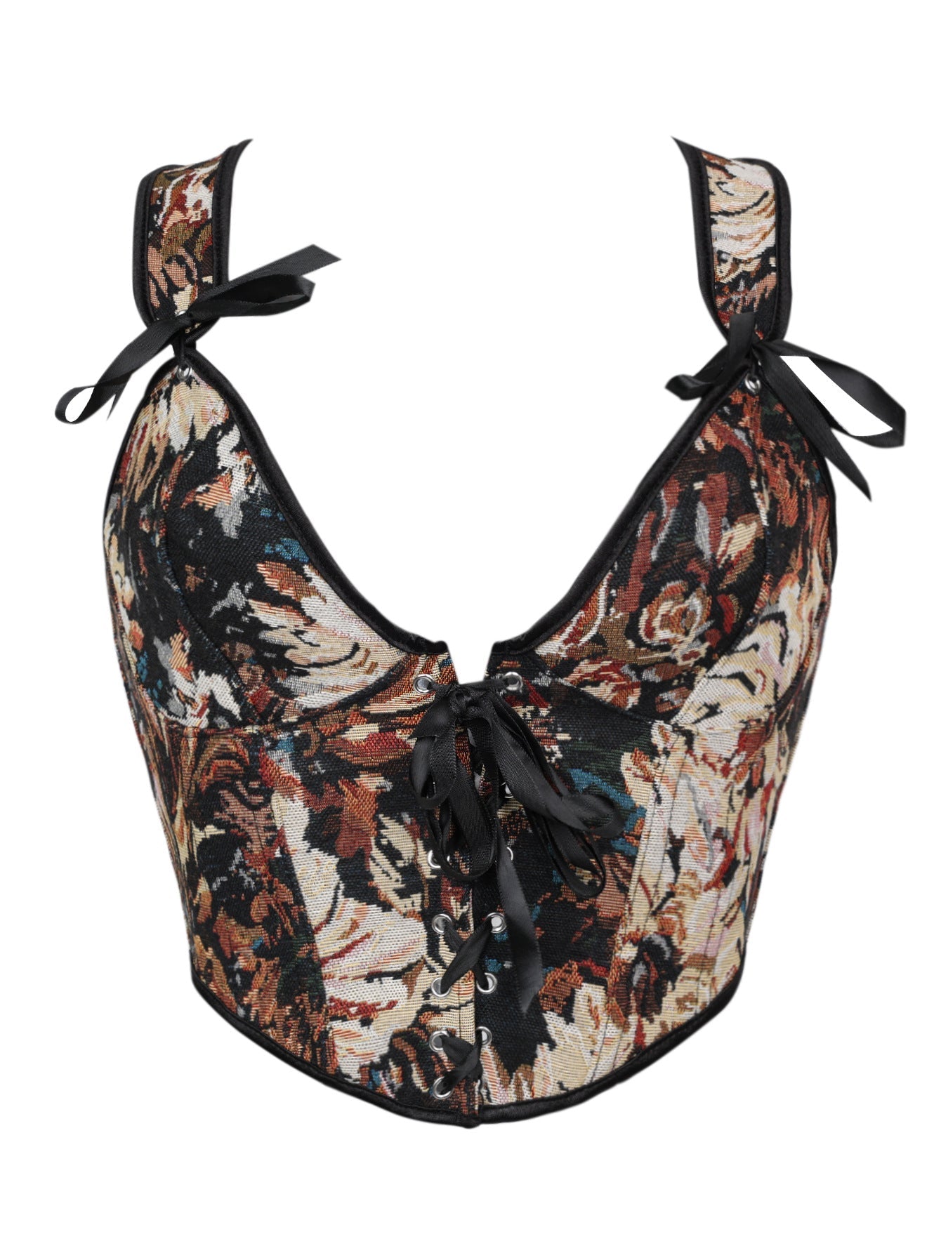 New French-style Oil Painting Inspired Front-tie Fishbone Waist Cincher