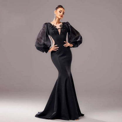 Beaded Long Sleeve Round Neck Fishtail Gown