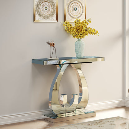 Modern Mirror Side Table, Glass, Double C-Shaped Base, Hall Table, Silver
