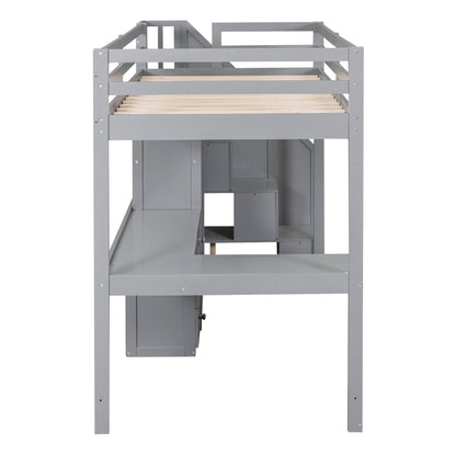 Gray Twin Size Loft Bed with L-Shaped Desk, Drawers, Cabinet and Storage Stai...