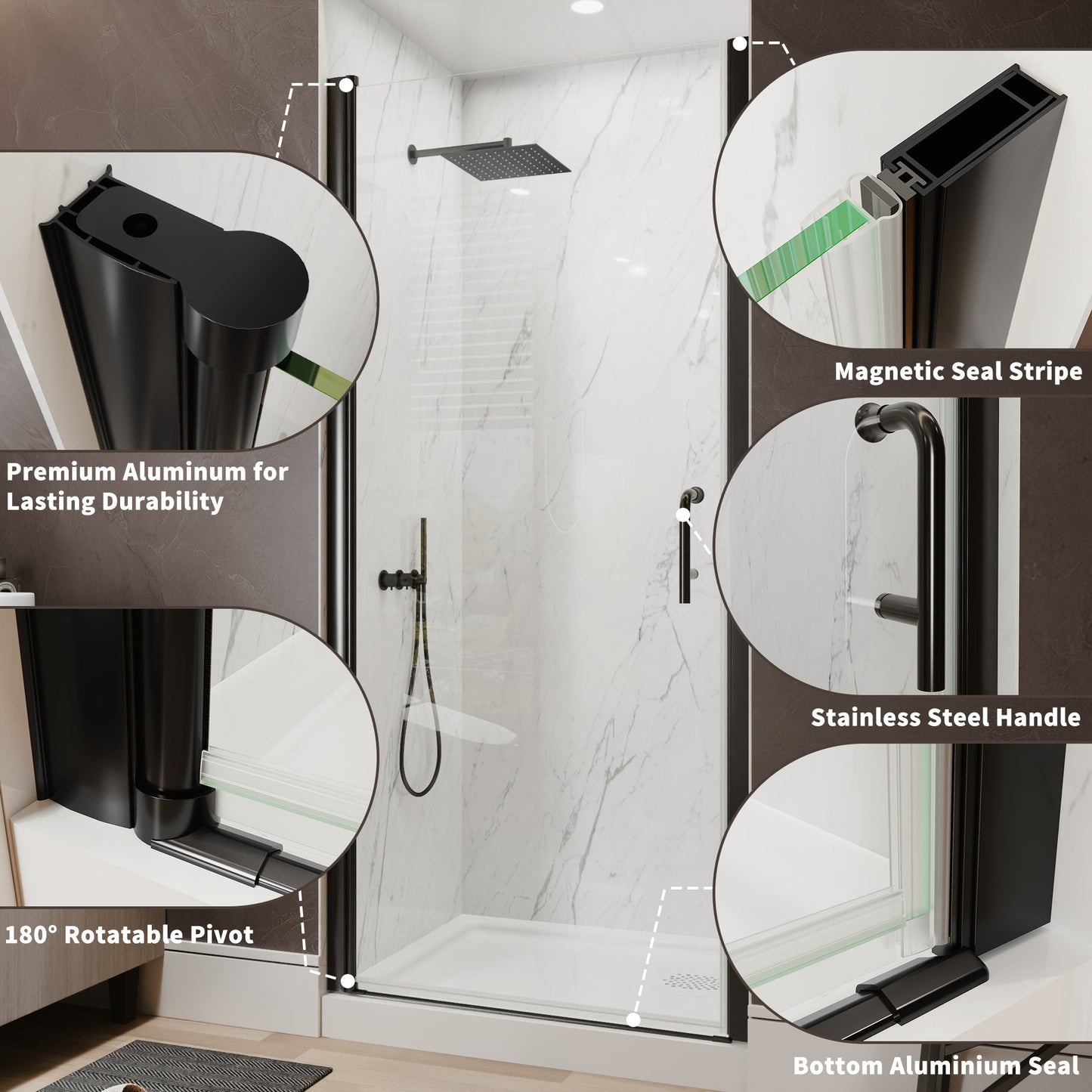 34-36 in. W x 72 in. H Pivot Frameless Shower Door, Matte Black, 1/4in Glass
