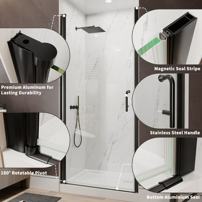 34-36 in. W x 72 in. H Pivot Frameless Shower Door, Matte Black, 1/4in Glass