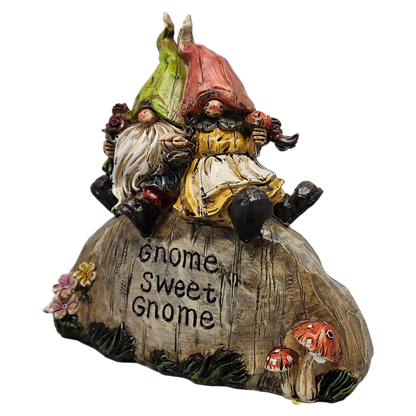 Garden Gnomes on a Rock  - 8 Inch - Gnome Sweet Gnome