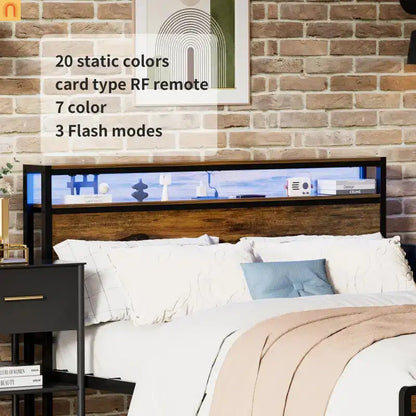 Bed Frame Queen LED Headboard Antique Brown USB Ports Storage