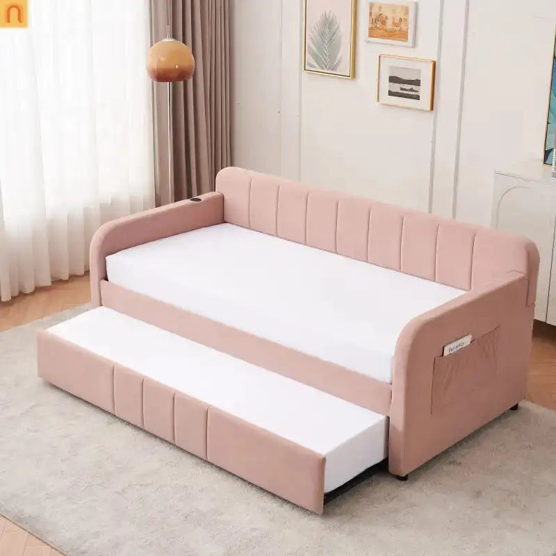 Twin Daybed Velvet Pink Trundle Frame