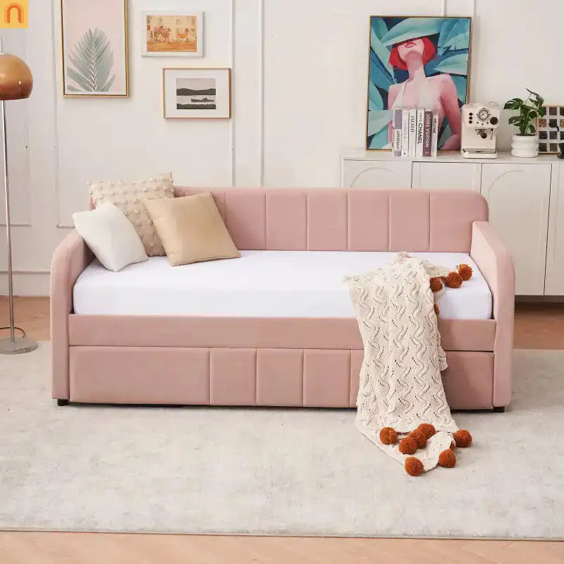 Twin Daybed Velvet Pink Trundle Frame