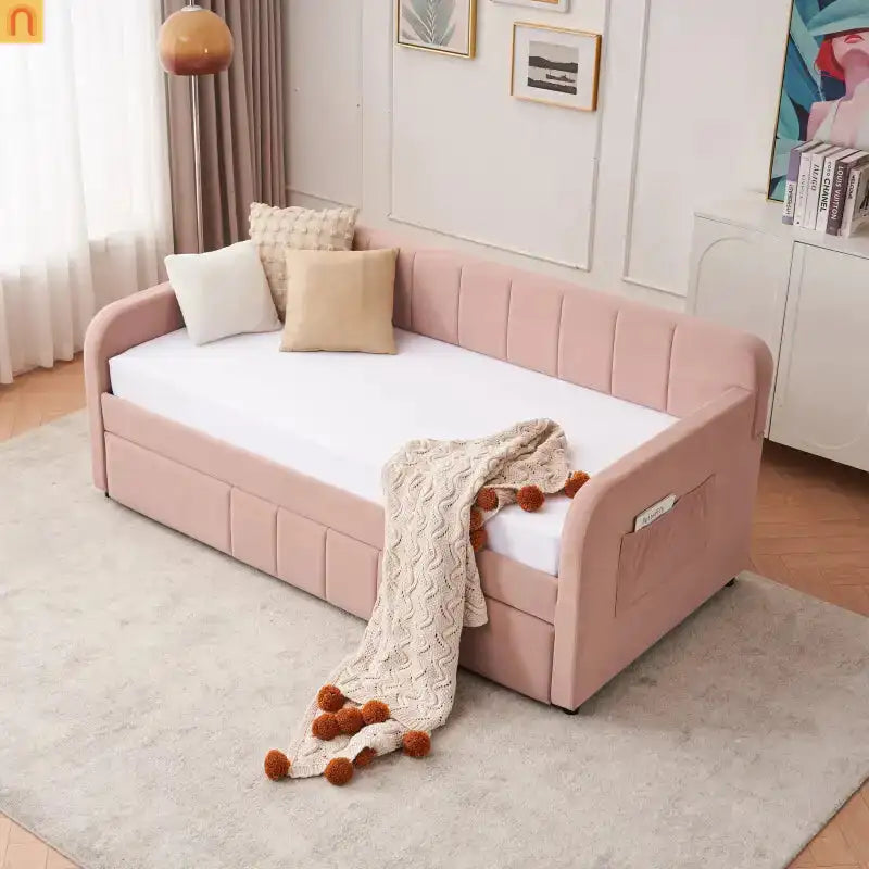 Twin Daybed Velvet Pink Trundle Frame