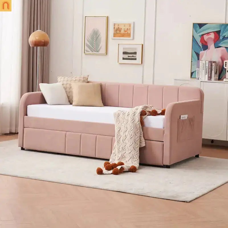 Twin Daybed Velvet Pink Trundle Frame
