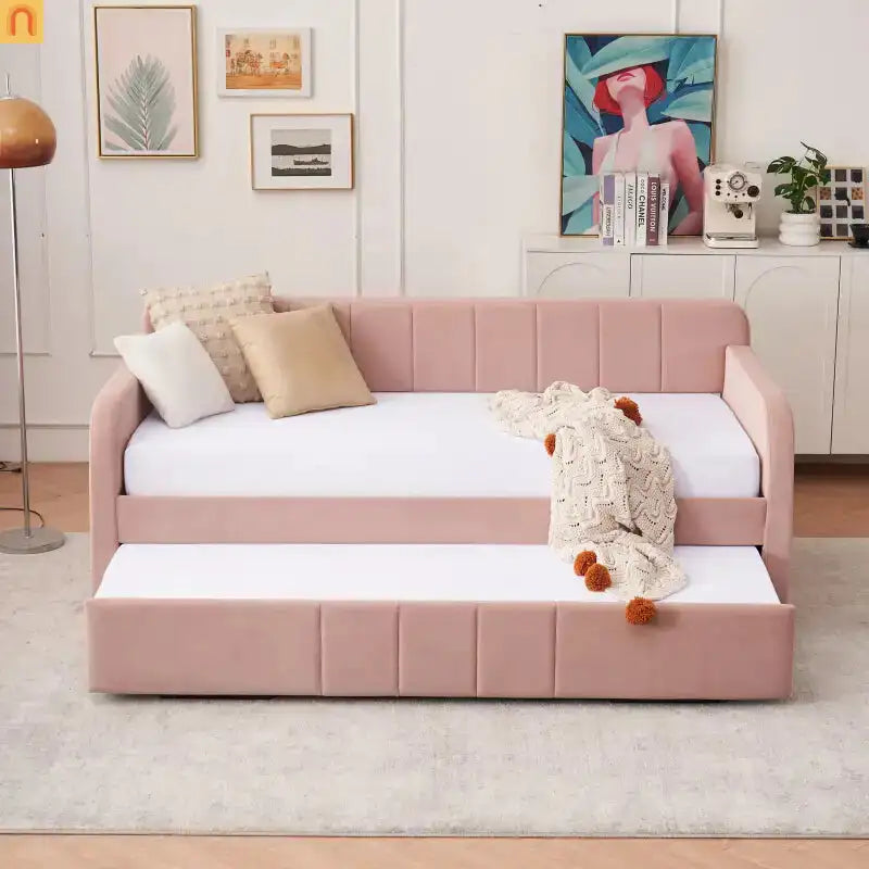 Twin Daybed Velvet Pink Trundle Frame