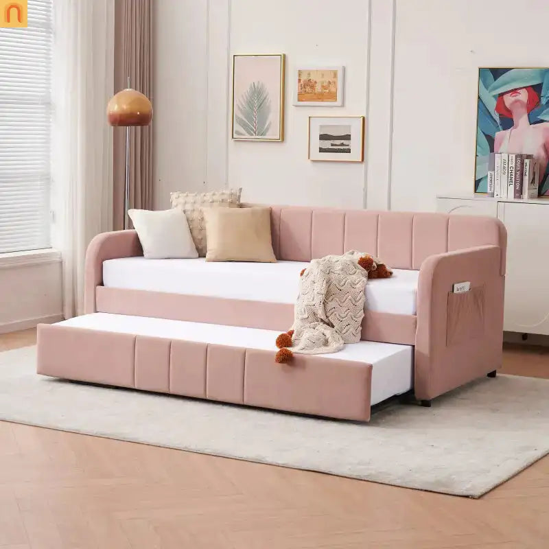 Twin Daybed Velvet Pink Trundle Frame
