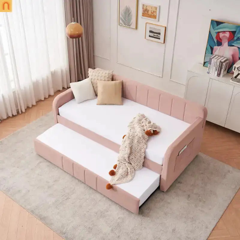 Twin Daybed Velvet Pink Trundle Frame