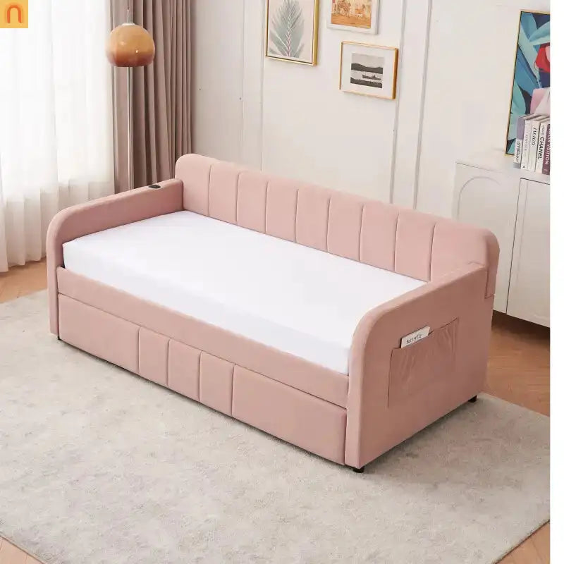 Twin Daybed Velvet Pink Trundle Frame