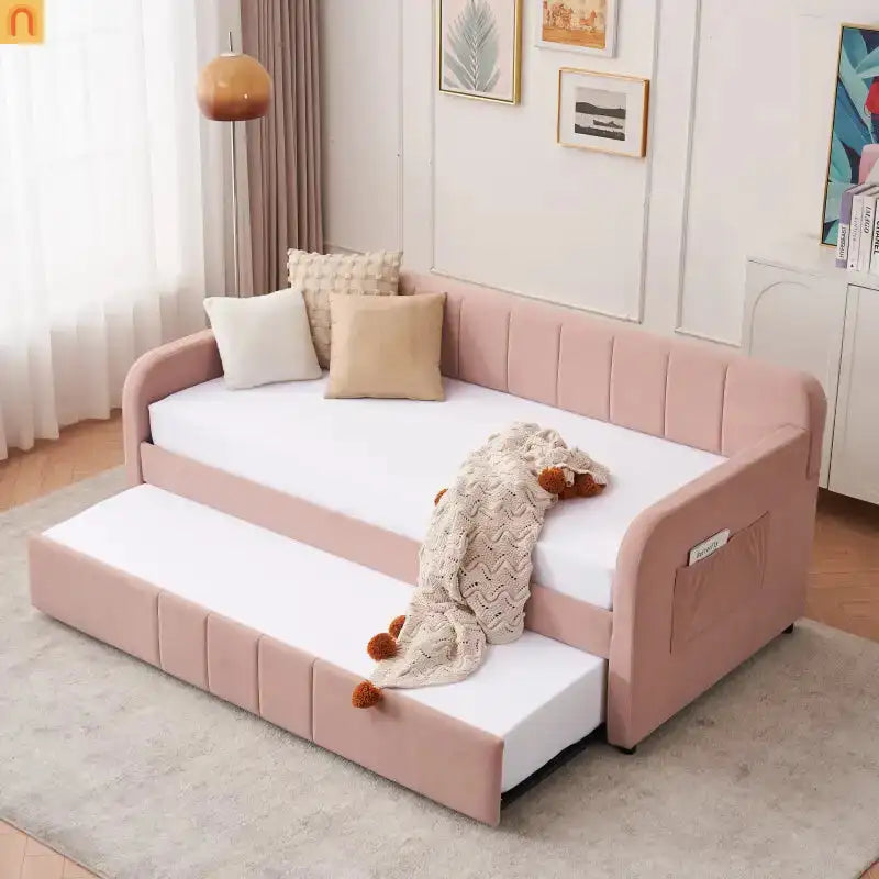 Twin Daybed Velvet Pink Trundle Frame