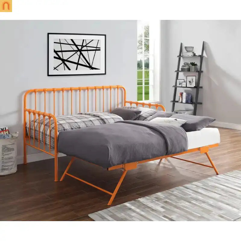 Twin Metal Bed Frame Orange Lift-Up Trundle 78.5