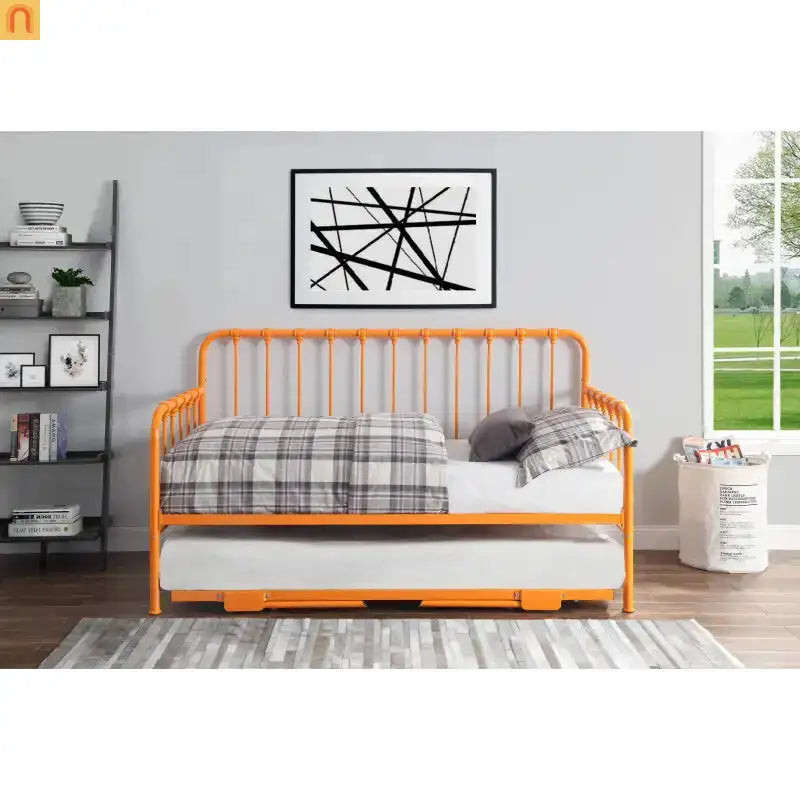 Twin Metal Bed Frame Orange Lift-Up Trundle 78.5