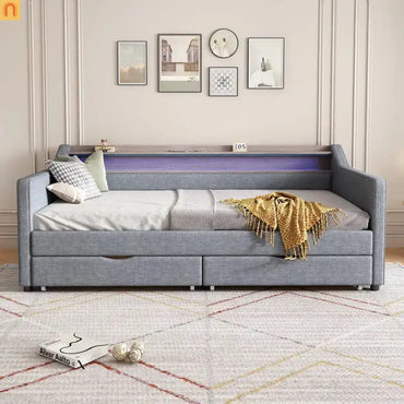 Bed Frame Daybed Twin Linen Light Gray 16-Color LED USB Storage