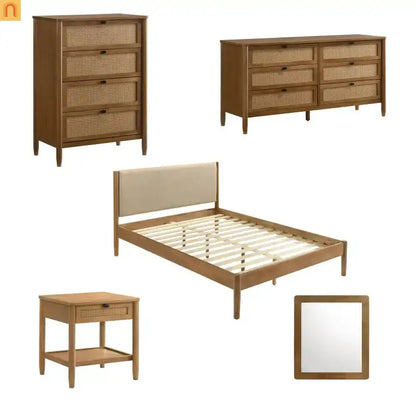 Bedroom Set Queen Walnut Textured Headboard Dresser Nightstand 5pc