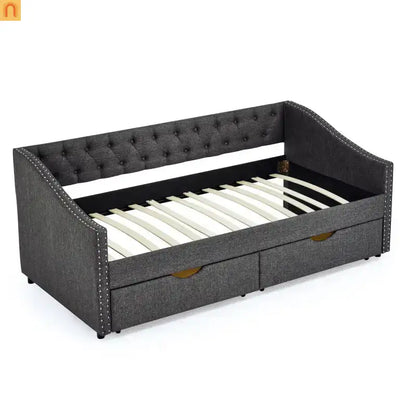 Daybed Twin Linen Dark Gray Button Tufted Drawers 500 lb
