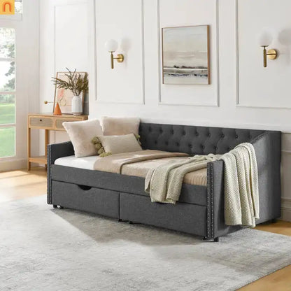 Daybed Twin Linen Dark Gray Button Tufted Drawers 500 lb